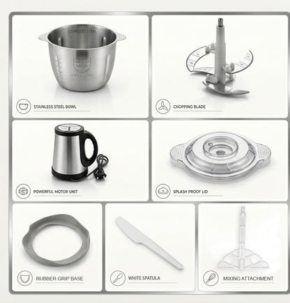 3L Heavy-Duty Electric Food Chopper | Stainless Steel Series | 2 Speed Levels
